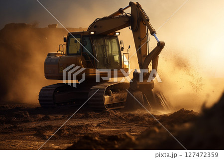 作業中のショベルカーと舞う土埃  作業中のショベルカーと舞う土埃  127472359