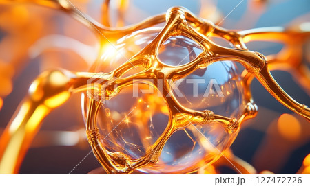 A close-up view of an intricate, golden molecular structure surrounding a clear orb, highlighting the beauty of scientific phenomena and the complexity of nature's design. A close-up view of an intricate, golden molecular structure surrounding a clear orb, highlighting the beauty of scientific phenomena and the complexity of nature's design. 127472726