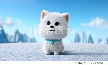 A cute, fluffy white puppy with a blue collar, sitting in a snowy landscape. The joyful expression captures the essence of innocence and playfulness in nature's beauty. 127472810