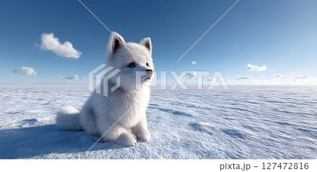 A cute, fluffy white fox sitting gracefully on a snowy landscape. Bright blue sky enhances the serene atmosphere, capturing the essence of winter and wild beauty in nature. 127472816