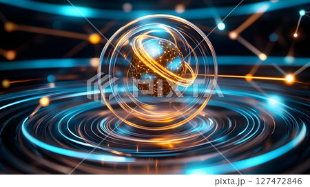 A futuristic depiction of an atomic structure within a vibrant energy field, showcasing swirling lights and intricate patterns, symbolizing advanced scientific concepts and innovat 127472846