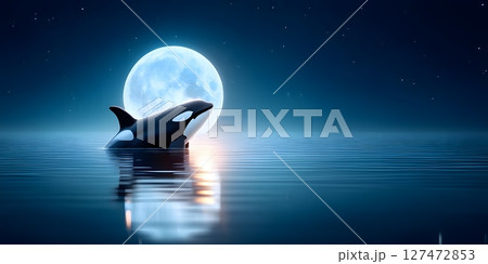 A majestic orca breaches the calm ocean surface under the luminous glow of a full moon, creating a serene and enchanting night scene that showcases the beauty of marine life. 127472853