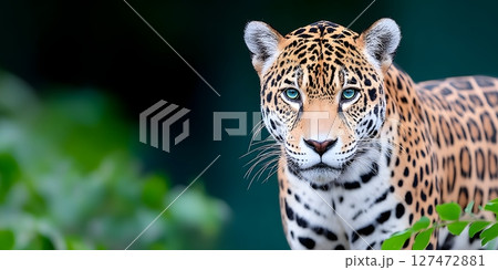 A majestic jaguar with striking spots and piercing green eyes stares boldly at the viewer. Surrounded by lush foliage, this powerful feline embodies grace and strength in nature. 127472881