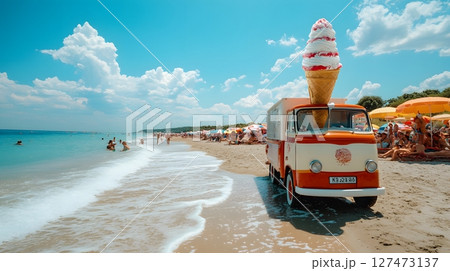 Ice Cream Truck on Tropical Beach With Vacationers 127473137