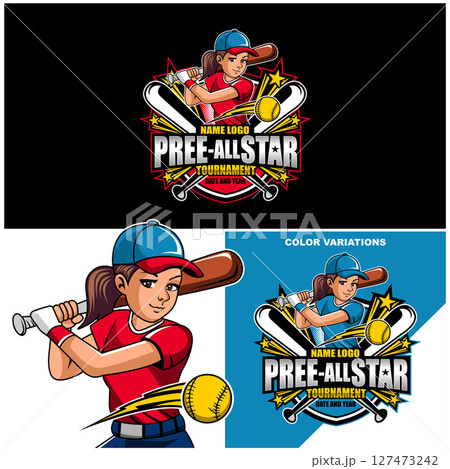 Softball tournament logo design. Girl softball mascot logo. Baseball logo event vector stock illustrations 127473242
