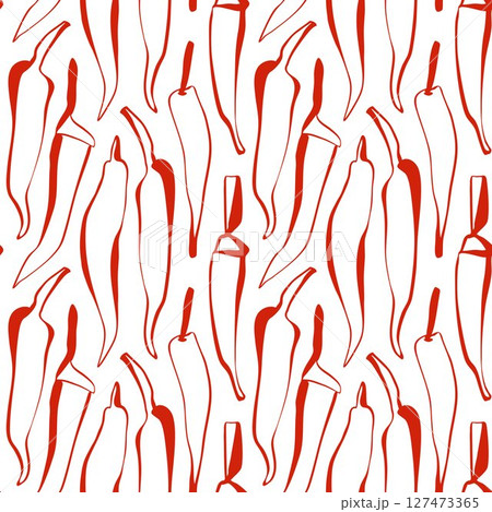 Seamless hand drawn chili pepper pattern in minimal red line art perfect for packaging surface design or kitchen decor Seamless hand drawn chili pepper pattern in minimal red line art perfect for packaging surface design or kitchen decor 127473365