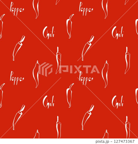 Seamless chili pepper pattern with text on red background ideal for wrapping paper kitchen textiles or hot sauce labels 127473367