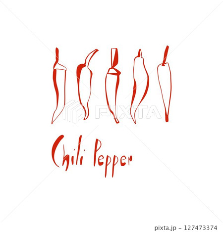 Minimal red chili pepper set with handwritten text and abstract shapes for spicy food packaging or kitchen design 127473374