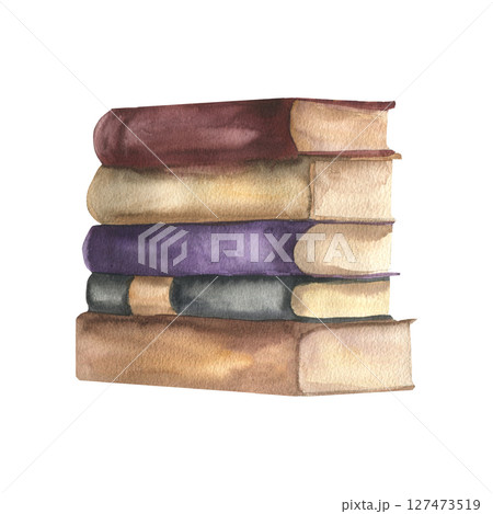 Vintage old books stack watercolor illustration. Hand drawn isolated school and university album for reading, studying element clipart for poster, back to school stationery,card design 127473519