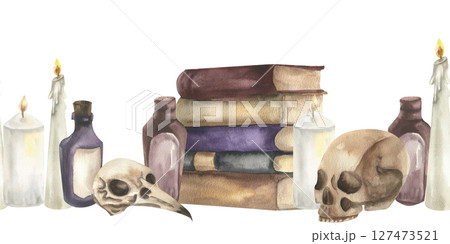 Halloween scary gothic seamless banner with candles,book stack,poison bottles, bird raven and human skull watercolor illustration. Hand drawn autumn witchy border for October wallpaper, card design 127473521