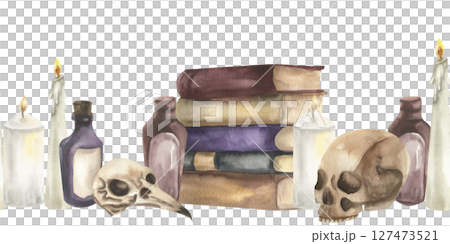 Halloween scary gothic seamless banner with candles,book stack,poison bottles, bird raven and human skull watercolor illustration. Hand drawn autumn witchy border for October wallpaper, card design 127473521