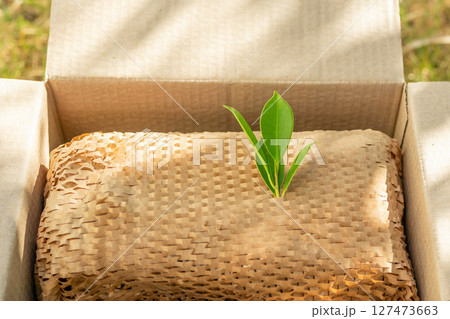 Green leaf on eco friendly brown paper honeycomb wrap for product packaging parcel carton box Green leaf on eco friendly brown paper honeycomb wrap for product packaging parcel carton box 127473663