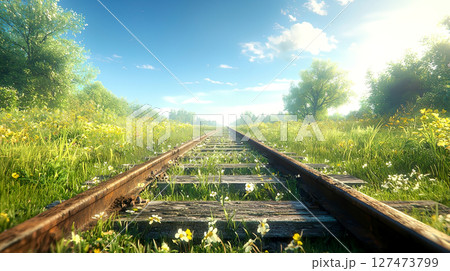 美しい草原に伸びる廃線の線路 127473799