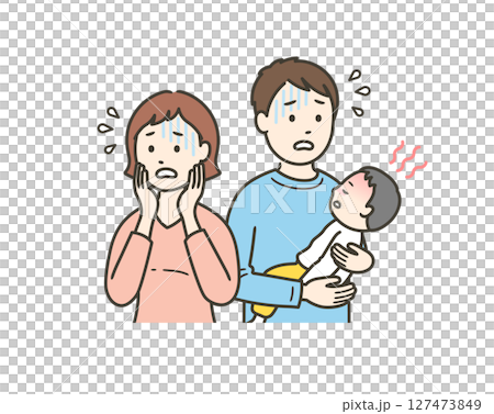 年輕父親抱著突然發燒的孩子焦急萬分,母親也慌了神。 年輕父親抱著突然發燒的孩子焦急萬分,母親也慌了神。 127473849