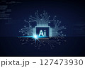 Visual representation of artificial intelligence concept featuring circuit pattern and glowing text on a dark background. This design highlight the fusion of technology and intelligence. 127473930