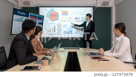 Business executives team meeting in modern office with laptop computer, tablet, mobile phone and coffee on table. Businessman in black suit pointing at presentation on large projector screen. 127473979