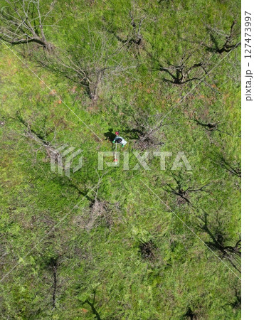 草刈りをする農夫をドローン撮影 草刈りをする農夫をドローン撮影 127473997