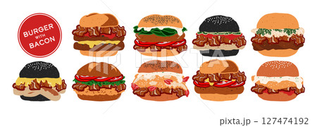 Set of isolated burger with bacon. Cute hand drawn food, burger, in minimal plain colors style on a transparent background. Bread buns with various patty, beef, pork, chicken, fish, and sausage. Set of isolated burger with bacon. Cute hand drawn food, burger, in minimal plain colors style on a transparent background. Bread buns with various patty, beef, pork, chicken, fish, and sausage. 127474192