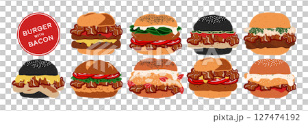Set of isolated burger with bacon. Cute hand drawn food, burger, in minimal plain colors style on a transparent background. Bread buns with various patty, beef, pork, chicken, fish, and sausage. 127474192