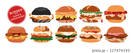 Set of isolated burger with chips and onion rings. Cute hand drawn food, burger, in minimal plain colors style on a transparent background. Bread buns with various patty. Set of isolated burger with chips and onion rings. Cute hand drawn food, burger, in minimal plain colors style on a transparent background. Bread buns with various patty. 127474193