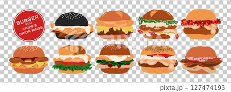 Set of isolated burger with chips and onion rings. Cute hand drawn food, burger, in minimal plain colors style on a transparent background. Bread buns with various patty. 127474193