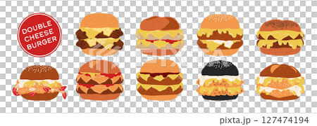 Set of isolated double cheeseburgers. Cute hand drawn food, burger, in minimal plain colors style on a transparent background. Bread buns with various patty. 127474194