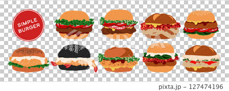 Set of isolated simple burgers. Cute hand drawn food, burger, in minimal plain colors style on a transparent background. Bread buns with various patty, beef, pork, chicken, fish, and sausage. 127474196