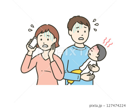 急な発熱をした子供を抱いて焦る若い父親と医療機関に電話する母親 127474224