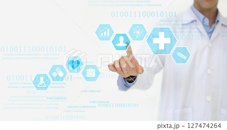 A doctor in a white lab coat pointing finger toward with his hand showing symbol of medicine innovation, treatment, discovery and healthcare analysis. A doctor in a white lab coat pointing finger toward with his hand showing symbol of medicine innovation, treatment, discovery and healthcare analysis. 127474264