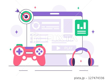 Game Development Vector Illustration Featuring Games, Digital Technology, Programming, and Coding for the Technical Aspects of Creating Video Games Game Development Vector Illustration Featuring Games, Digital Technology, Programming, and Coding for the Technical Aspects of Creating Video Games 127474336