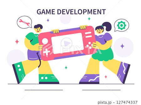 Game Development Vector Illustration Featuring Games, Digital Technology, Programming, and Coding for the Technical Aspects of Creating Video Games Game Development Vector Illustration Featuring Games, Digital Technology, Programming, and Coding for the Technical Aspects of Creating Video Games 127474337