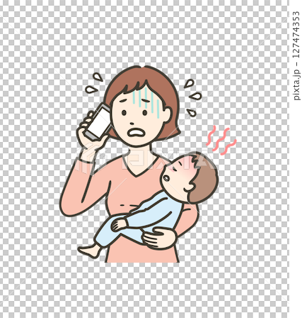 Illustration of a mother's upper body calling a medical institution in a panic, holding a child with a sudden fever 127474353