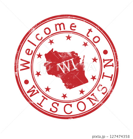 Welcome to Wisconsin. A worn stamp with a silhouette of the state and an abbreviated designation. Print impression, a template for creative design Welcome to Wisconsin. A worn stamp with a silhouette of the state and an abbreviated designation. Print impression, a template for creative design 127474358