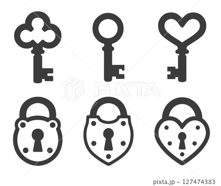 Key and lock icon symbol set. Keys and locks. Antique key silhouettes, keyhole, Heart key and lock. Vector illustration image. Isolated on white background.  127474383