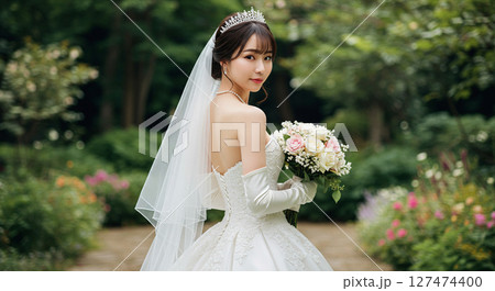 ガーデンウェディングでブーケを持ち、後ろに振り向く白いウェディングドレスを着た花嫁の姿 127474400