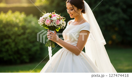 ガーデンウェディングでブーケを見ながら微笑む白いウェディングドレスを着た花嫁 ガーデンウェディングでブーケを見ながら微笑む白いウェディングドレスを着た花嫁 127474418