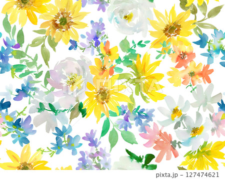水彩で描いた抽象的なひまわりと夏の草花の背景透過シームレスパターン。 127474621