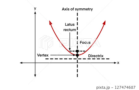 Labeled diagram of a parabola showing key elements such as vertex, focus, directrix, latus rectum, and axis of symmetry. Ideal for math tutorials, textbooks, educational, physics, parabola graph 127474687