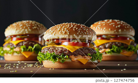 Tempting cheeseburgers on a rustic wooden table. Each features a juicy patty, melted cheese, fresh lettuce, tomato, pickles, and special sauce on a sesame seed bun. Tempting cheeseburgers on a rustic wooden table. Each features a juicy patty, melted cheese, fresh lettuce, tomato, pickles, and special sauce on a sesame seed bun. 127474756