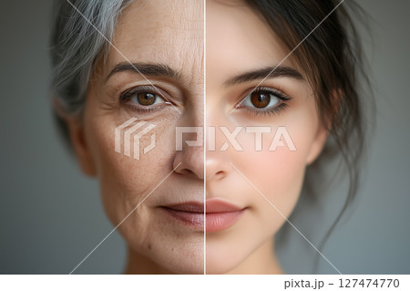 A portrait split a woman showing old and youth age. Two parts of the life aging human comparison two halves. Generative AI. 127474770