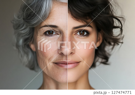 A portrait split a woman showing old and youth age. Two parts of the life aging human comparison two halves. Generative AI. 127474771