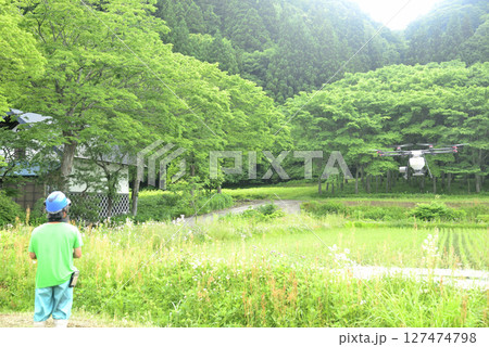 水田にドローンで農薬散布 127474798