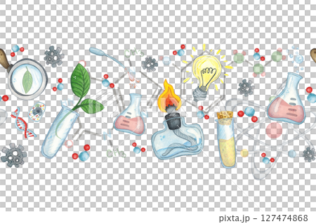 Seamless border of laboratory glassware, formulas, molecules. Laboratory, science, school. Watercolor illustration hand drawn, cartoon. Drawing for infographics, science festival, cards, invitations 127474868