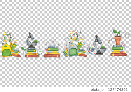 Seamless border of back to school compositions. Watercolor illustration hand drawn, cartoon. Drawing for infographics, packaging, cards, invitations. Biology, science, genetics, school, learning Seamless border of back to school compositions. Watercolor illustration hand drawn, cartoon. Drawing for infographics, packaging, cards, invitations. Biology, science, genetics, school, learning 127474891