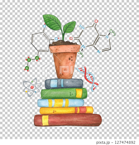 Flower pot stands on a stack of books...のイラスト素材 [127474892] - PIXTA