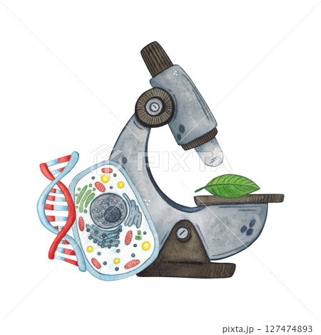 Composition of microscope, cell and DNA molecule. Watercolor illustration hand drawn, cartoon. Drawing for stickers, posters, postcard blanks, scrapbooking, journaling. science, laboratory, equipment 127474893