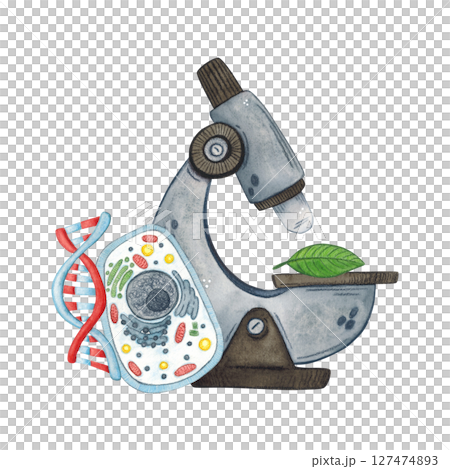 Composition of microscope, cell and DNA molecule. Watercolor illustration hand drawn, cartoon. Drawing for stickers, posters, postcard blanks, scrapbooking, journaling. science, laboratory, equipment 127474893