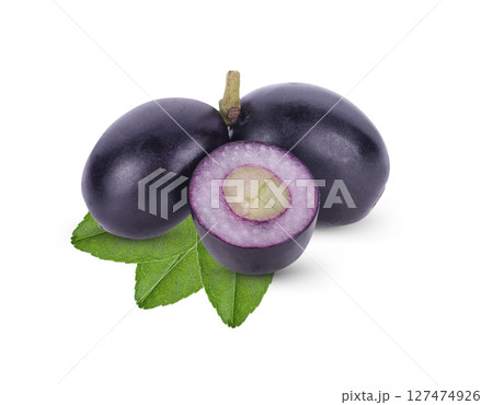 Black Jamun Fruit with Leaves and Cross Section on White Background 127474926
