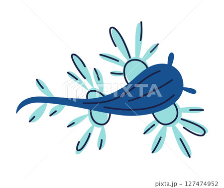 Flat cartoon vector illustration of blue dragon sea slug with elegant fins and vibrant colors. Exotic marine mollusk character for ocean themed designs, educational materials, kids books, posters 127474952