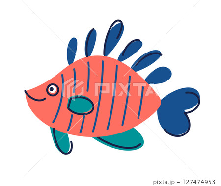 Vector illustration of colorful mandarin fish, vibrant tropical sea fish with bright stripes and fins. Cute marine animal for kids design, sea life theme, educational materials, nursery decoration 127474953